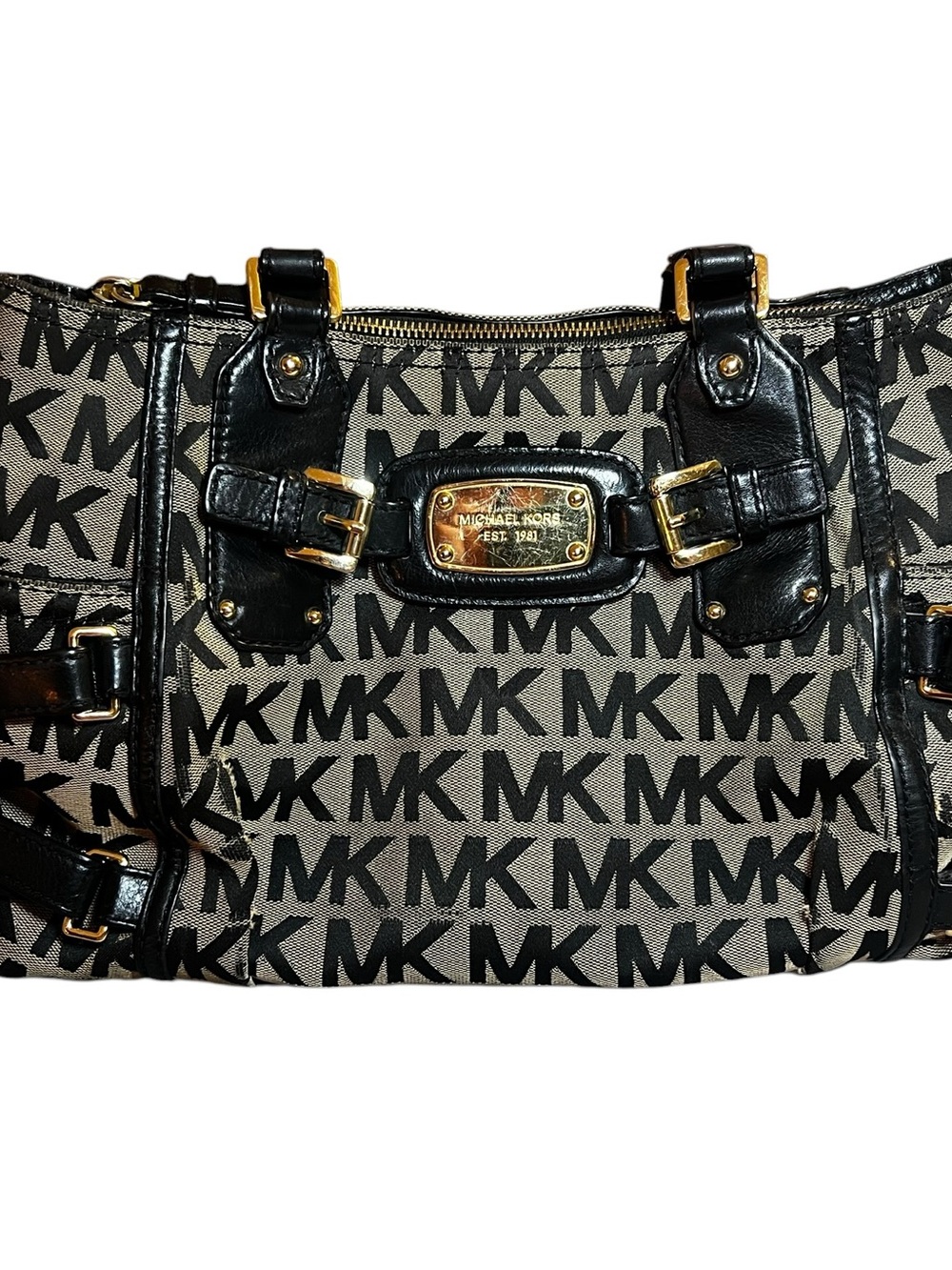 Michael Kors Black and Gray MK Signature Logo Shoulder/Satchel Bag (Hamilton)